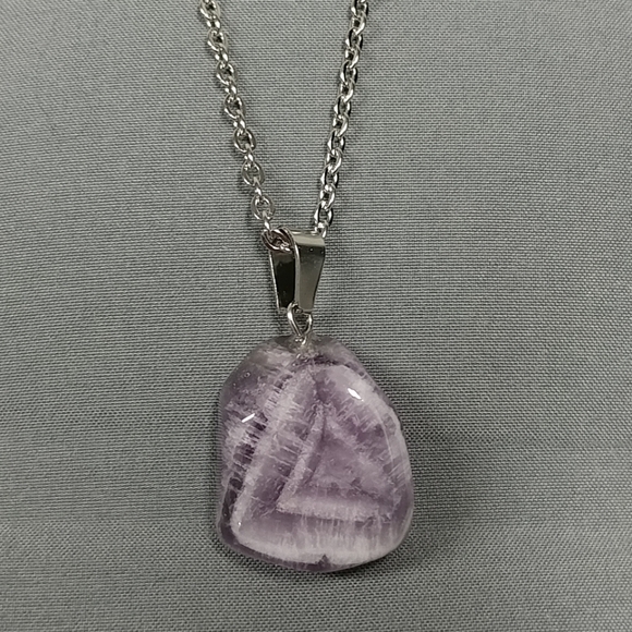 Chevron Purple Amethyst Necklace Natural Gemstone Pendant Stainless-Steel Chain - Picture 7 of 17